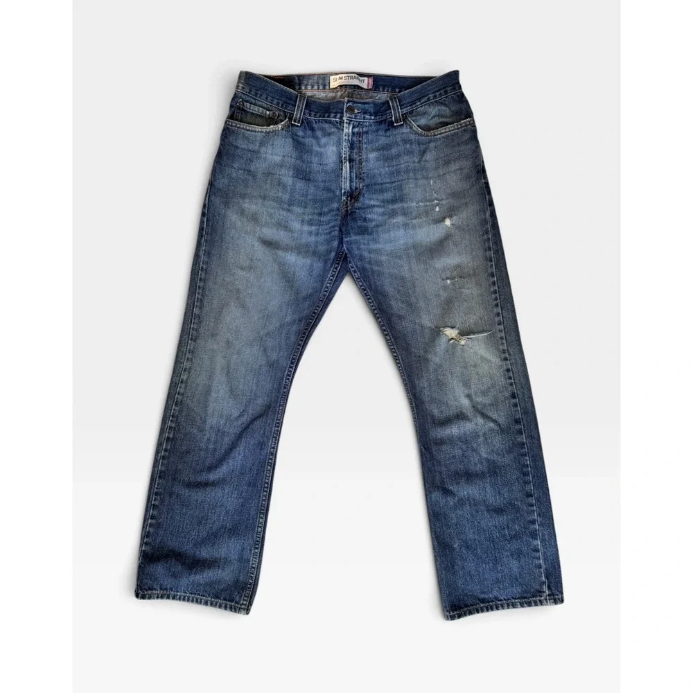 Levi's 514 Slim Straight Jeans W36 L30 Blue Distressed Faded Denim